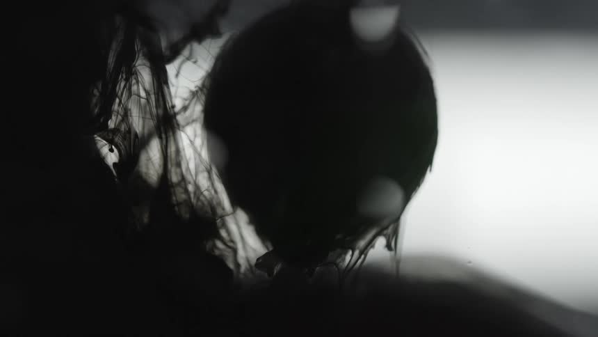Black ink flows down in water and around a suspended sphere