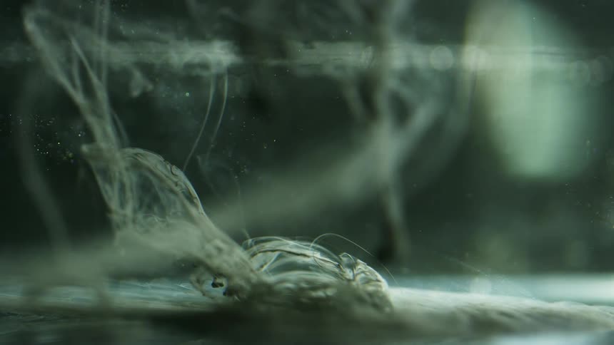 Tendrils flow toward bottom of container of clear liquid