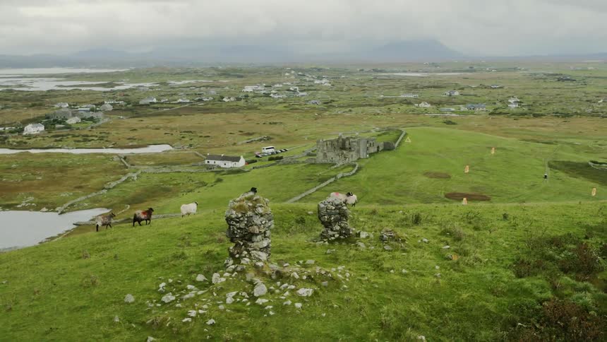 Herd of sheep over the green hill near the castle ruins in the valley