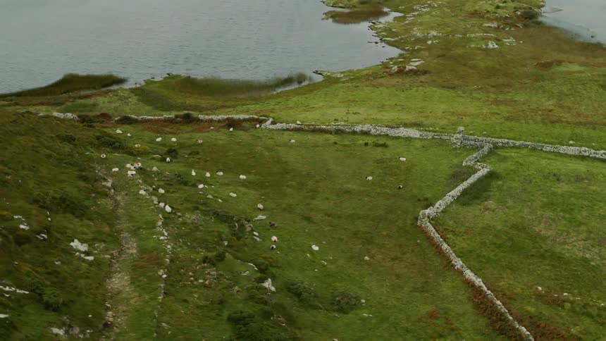 A stone wall stretches across green fields near a lake