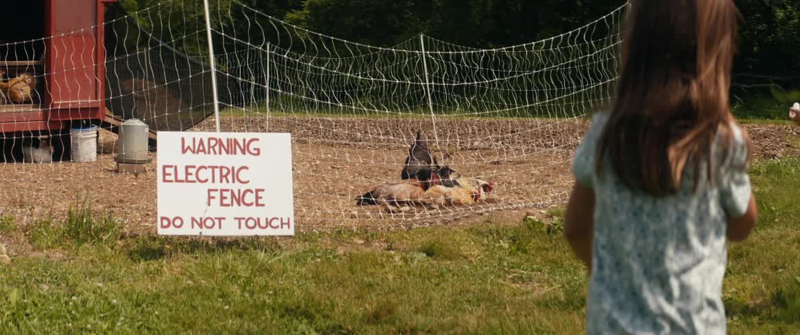 Girl walks around a chicken coop surrounded with electrified wired fence with a warning sign