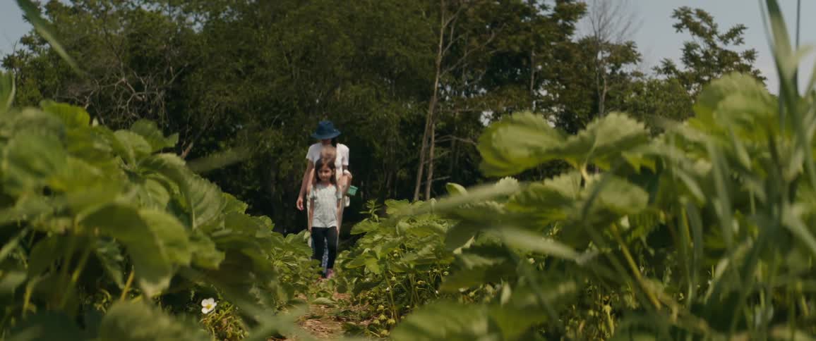 Mother walks with her daughters through a vegetable garden at day