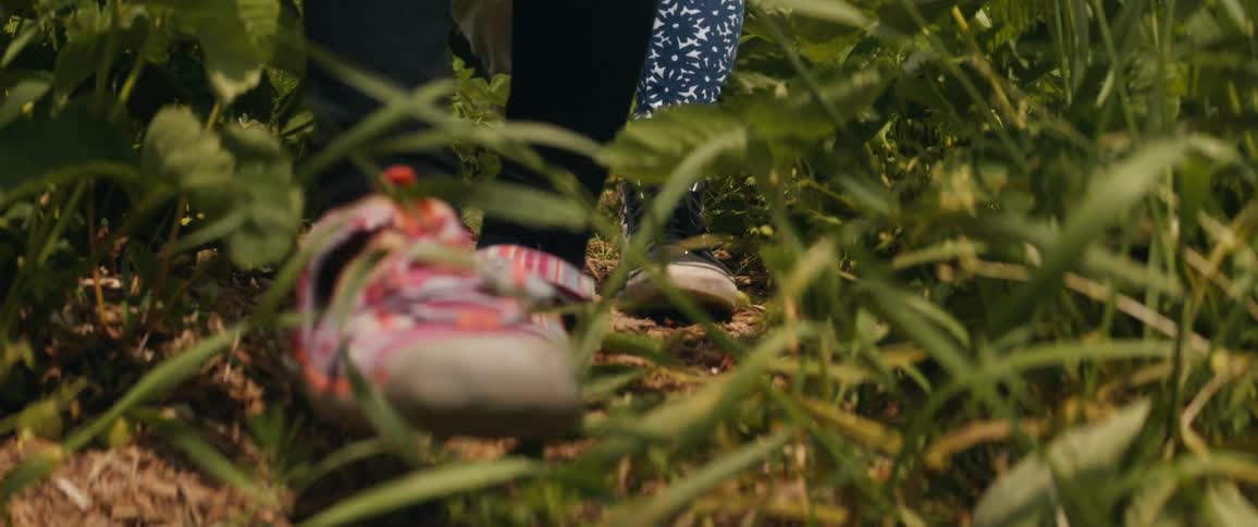 A young girls leads other people walking through a field