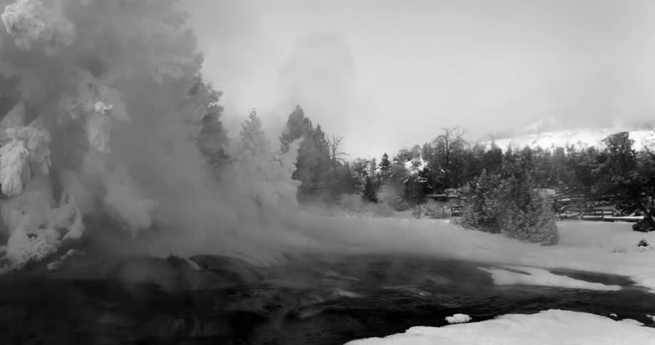 Mist rises from the snow near the forest