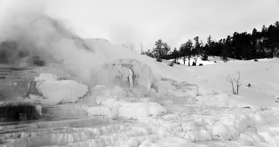 Smoke rises from the snowy field as a forest sits in the distance
