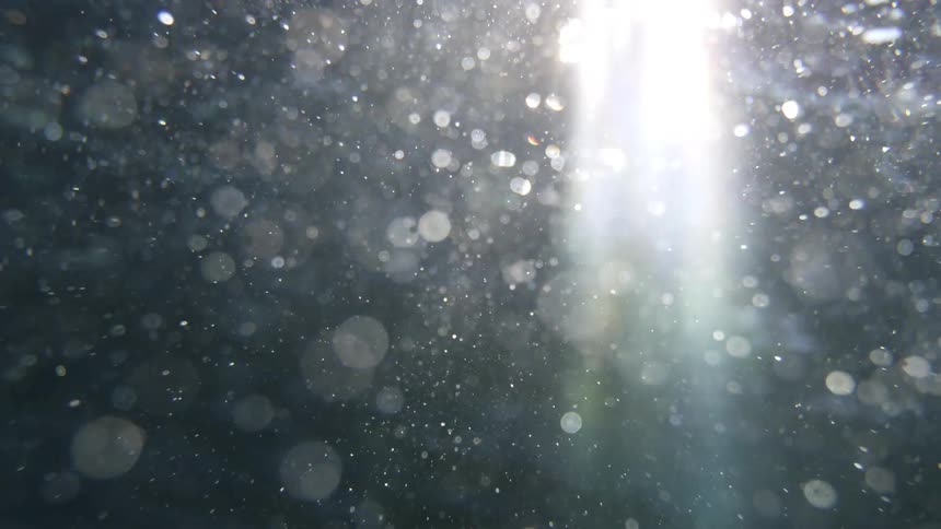 The sun shining down through the water as bubbles move