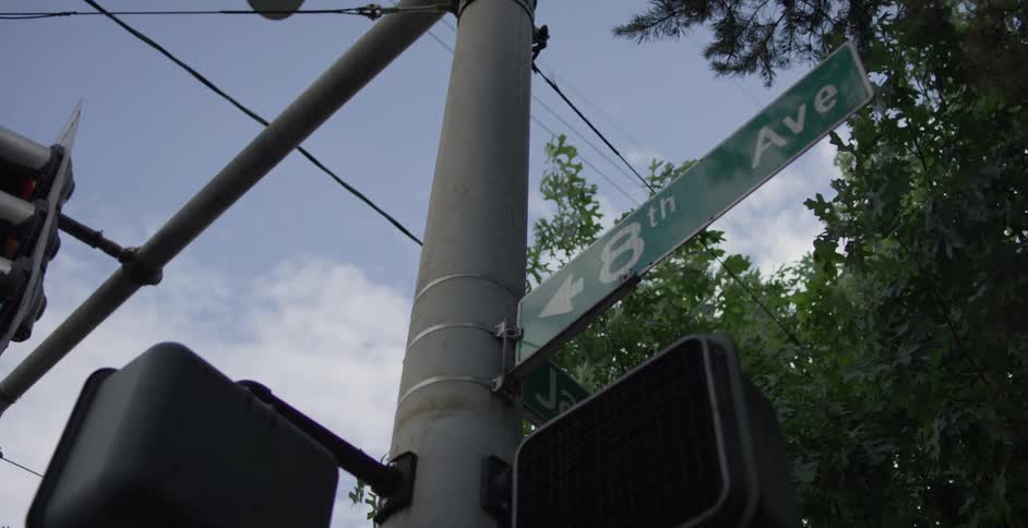 A street sign shares a pole with a traffic light