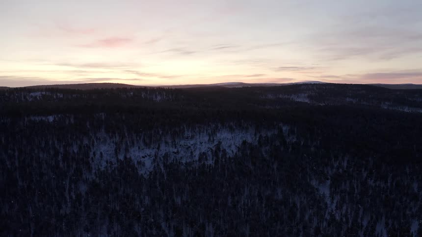 Aerial view of sunset over the snow covered pine forest near the mountains