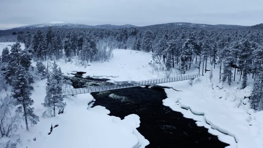 The river flows runs under a bridge and through the snow covered forest