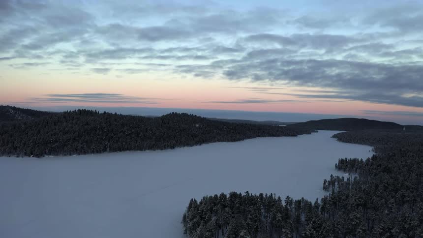 Aerial view of a frozen lake and a forest