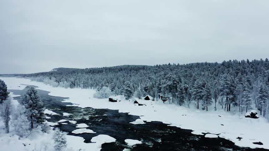 The river is running fast with whitewater near the forest in winter