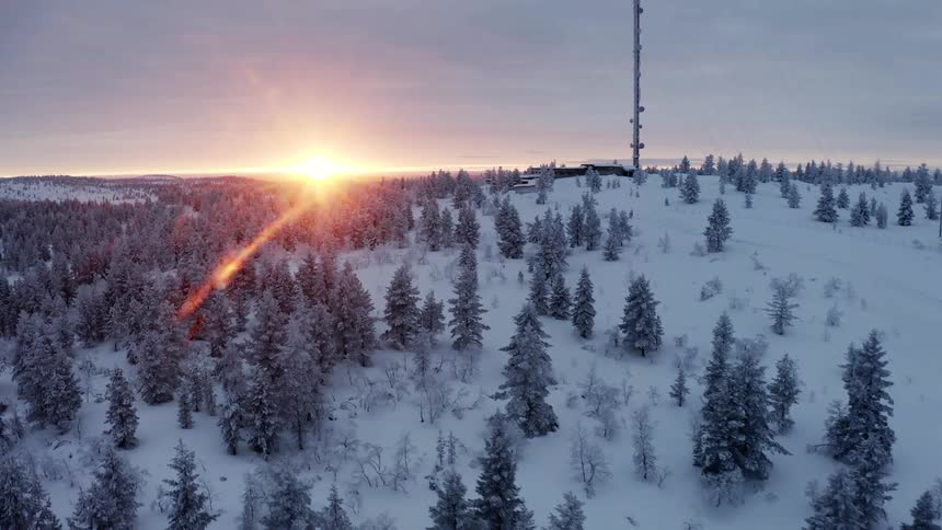 The sun rising over a snow covered forest
