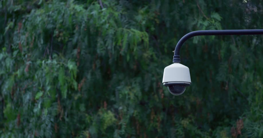 Red led light blinking in outdoors surveillance camera next to trees