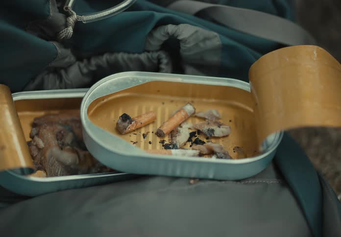 Empty tin cans with cigarette butts and insects in them