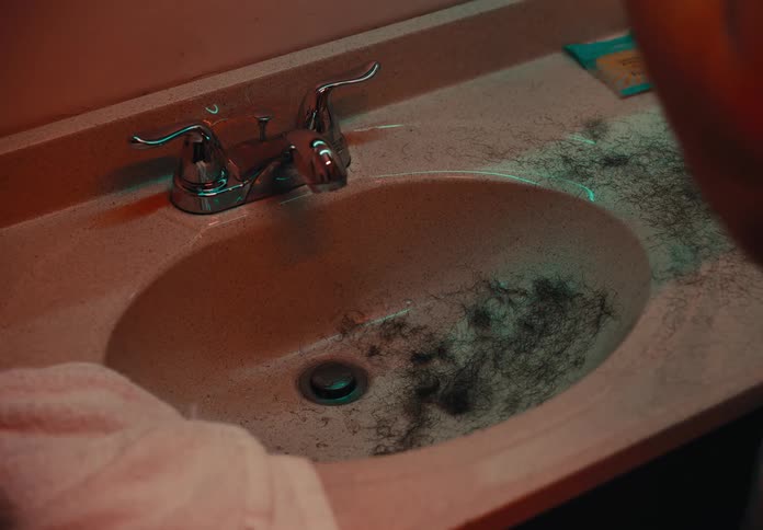 A person cuts its own hair on the sink in a bathroom