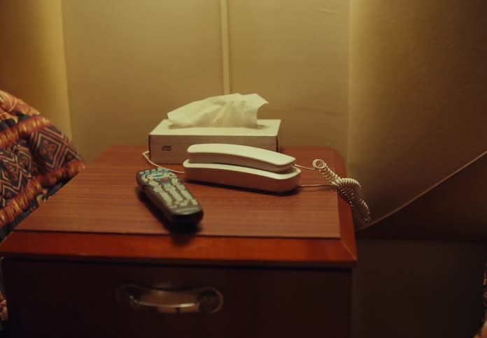 Tissues a remote and a box of tissues lie on an end table next to a bed