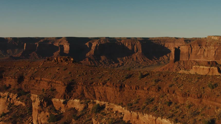 Aerial view of a valley between the mesas in the badlands desert