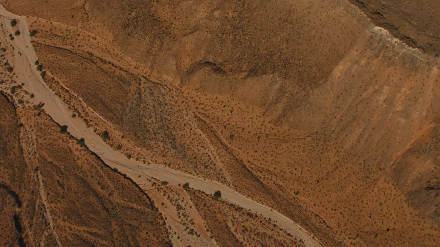 Aerial view of dry riverbed in desert
