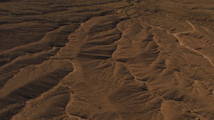 Flat land sparsely covered with vegetation has several dry river channels cut into it