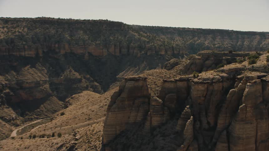 Aerial view of a canyon in the mesas on the badlands desert