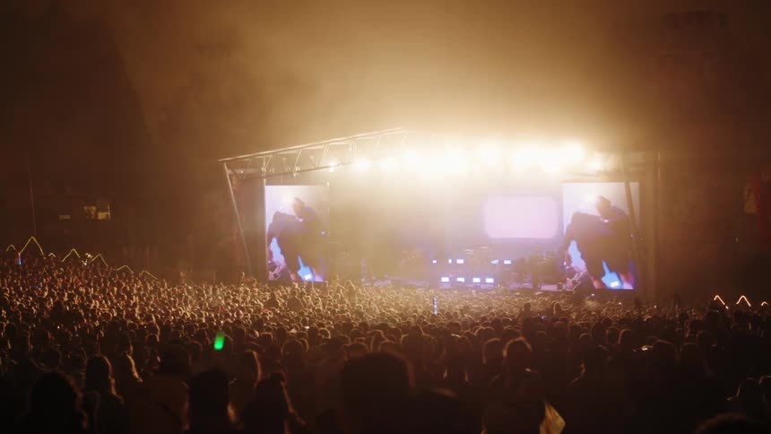 The crowd is cheering and watching musicians on stage
