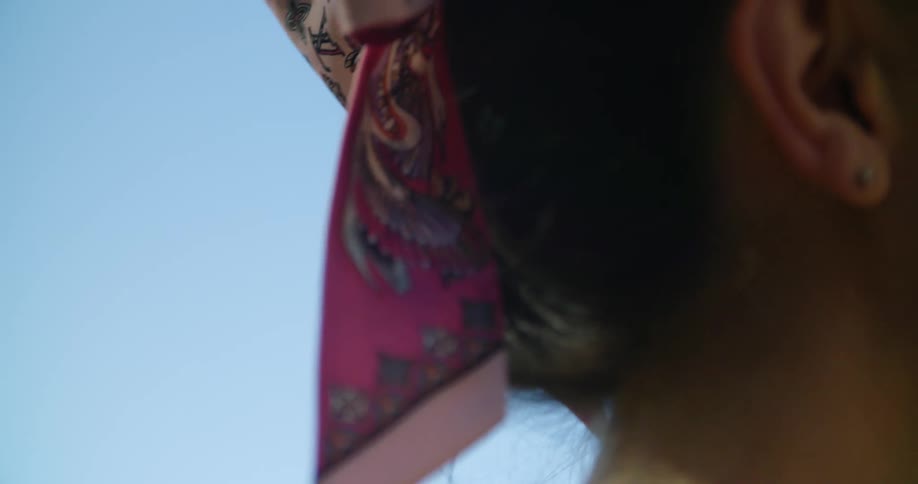 A very close up shot of a womans head with a city skyline in the background