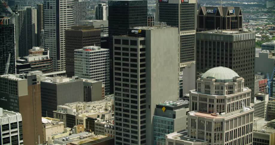 Skyscrapers of varying heights fill a citys downtown