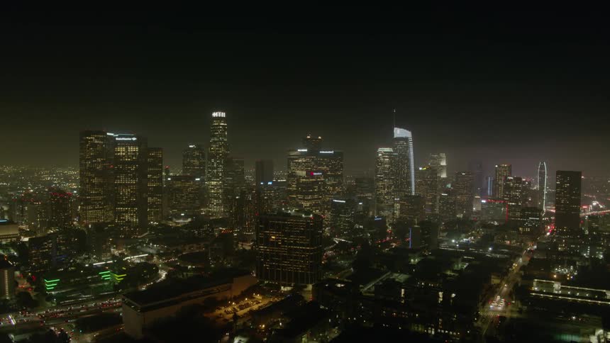 An enormous metropolitan area is full of several skyscrapers that are brightly illuminated at nighttime