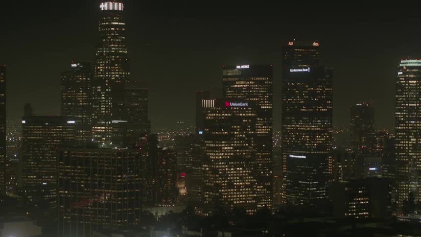 Aerial view of city skyline at night