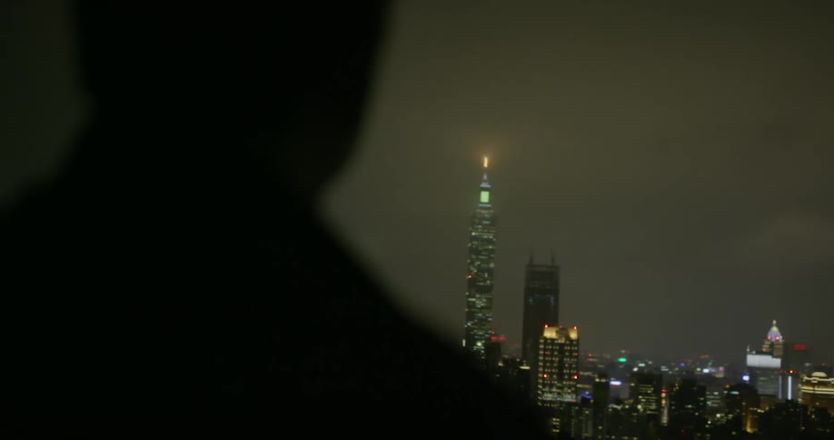 A person silhouettes staring at a city at night
