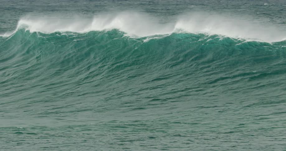 A big wave with ocean foam breaks on the shore