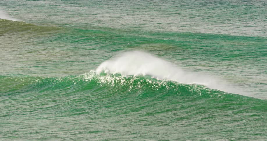 Green ocean waves curl and start to break splashing