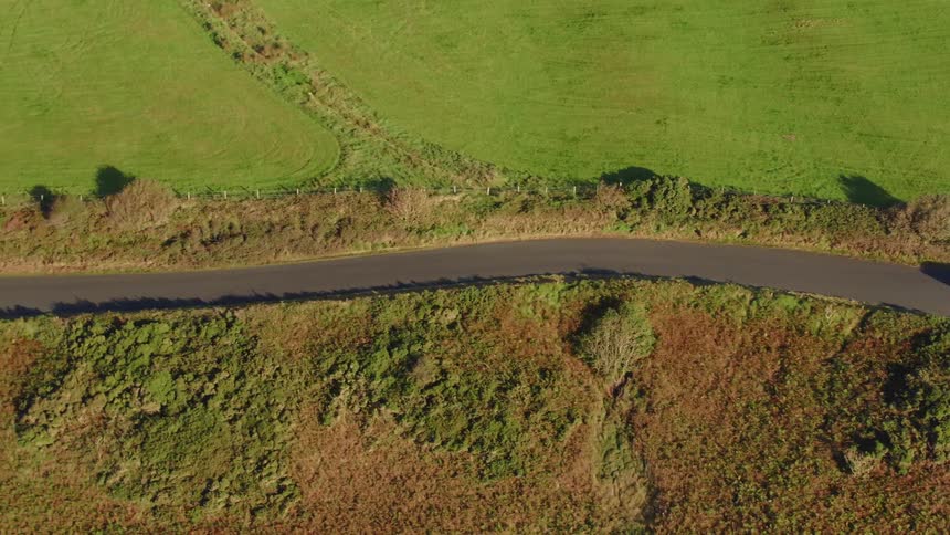 A road with vehicles next to fields covered with grass