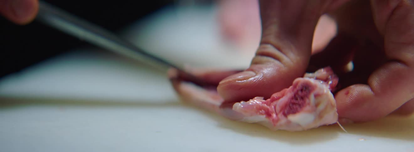 A person uses a kitchen knife to cut a piece of raw meat