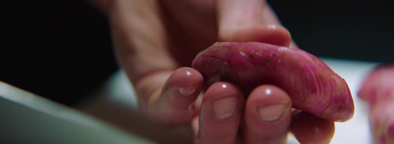 A person squeezing a vegetable in their hands