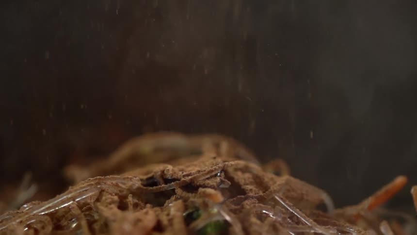 Seasoning is dropped onto dish containing cellophane noodles