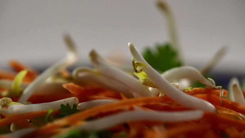 Sprouts shredded carrots and herbs fall into a bundle on a table