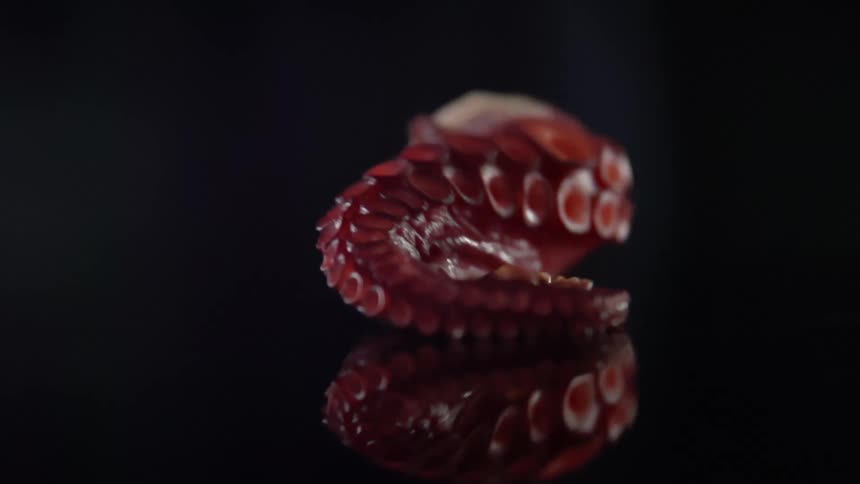A cooked octopus tentacle is dropped onto a mirror surface