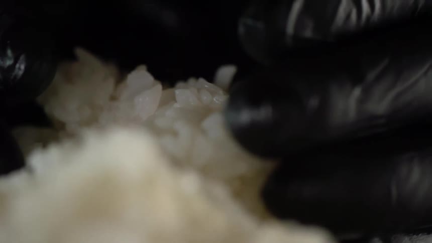 A person wearing gloves picks up rice