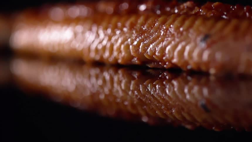 A piece of cooked fish sits on a reflective black counter