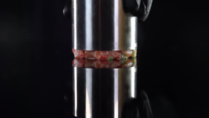 Chef wearing black latex gloves rolls finely cubed salmon meat inside a metallic cylinder