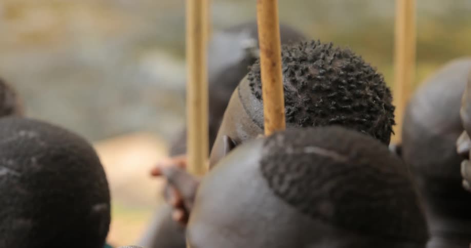 Close up of the top of the heads of a group of villagers