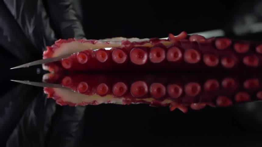 A knife slices through octopus tentacle on a mirror surface