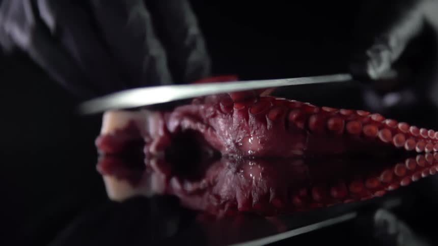 A cook uses a knife to cut the suckers off of an octopus tentacle