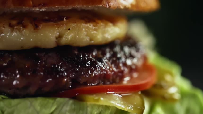 Juicy burger with pineapple, tomato slice pickles and lettuce between two halves of a bun