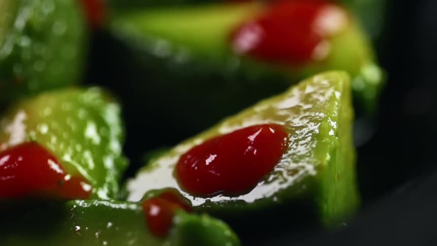 Avocado bits covered in oil with chili sauce dripping over