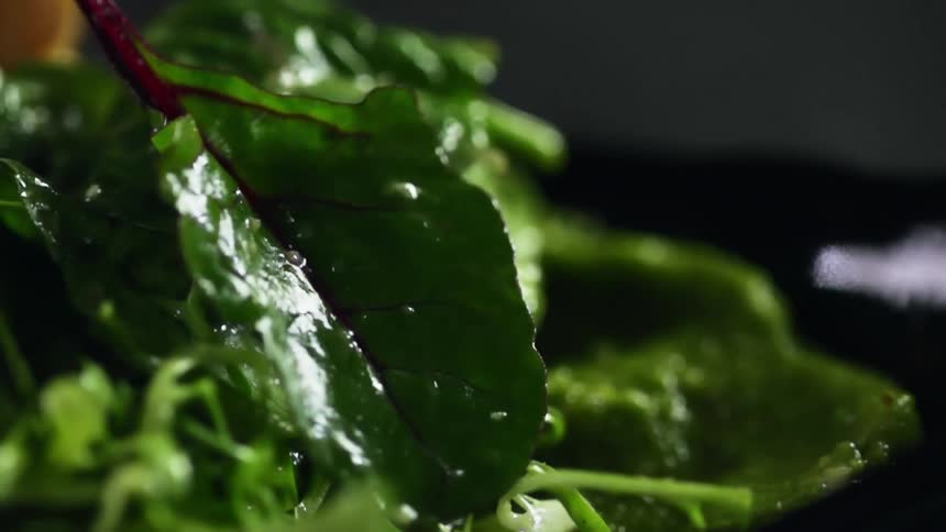 A spinach leaf is dropped down on other glistening greens and guacamole