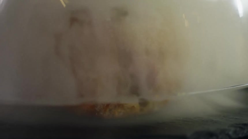 Transparent bowl with smoke inside lifts up to reveal a hot dog