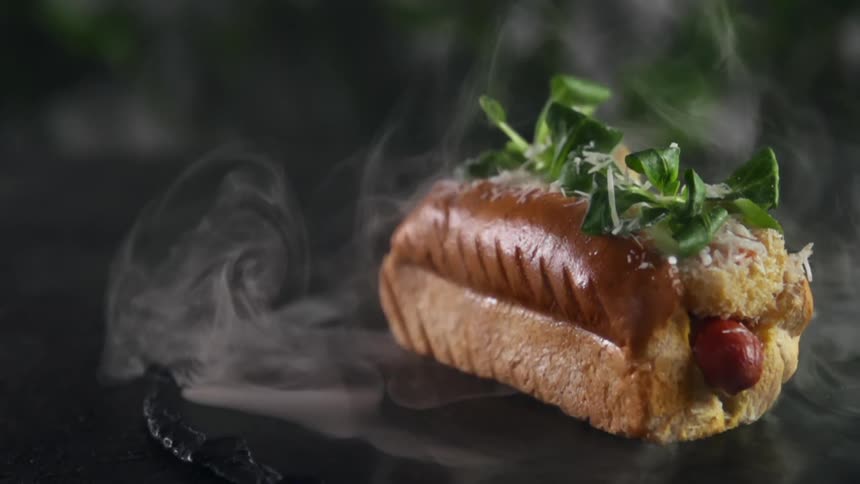 A hot dog staged for a photo shoot