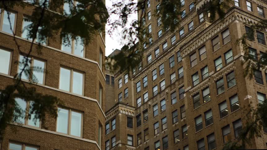 City apartments and office buildings in downtown on a cloudy day